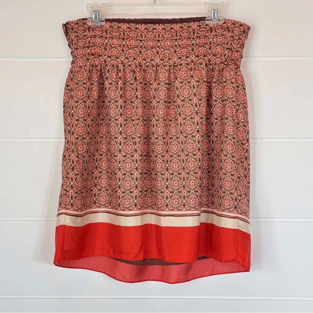 Banana Republic Orange Brown & Cream Printed Smocked Strapless Silk Top Size 8T - Picture 10 of 12